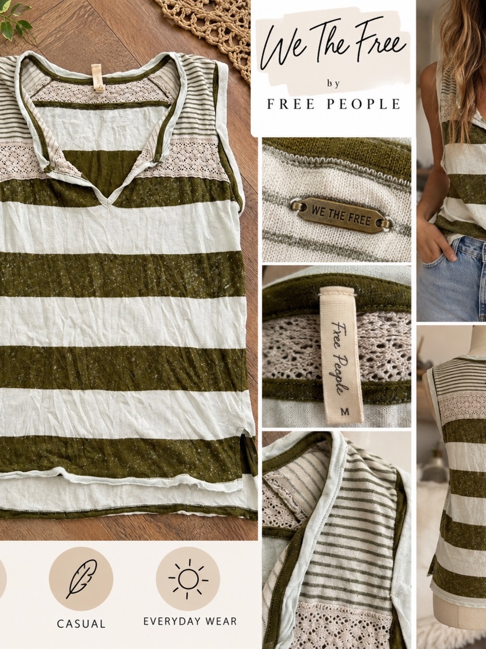We The Free Free People Striped Lace Trim Sleeveless Top Size M